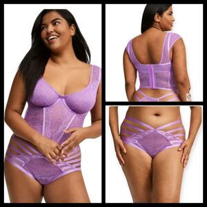 3X 22W 24W Torrid Purple Lace Underwire Bustier Panty Set Strappy Tanga Lingerie